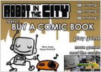 robot in the city  buy a comic book. robot en la ciudad